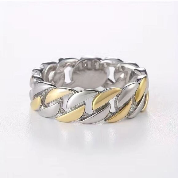 Gold and Silver Tone Braided Chain Ring 7mm Wide Cuban Link Chain Ring - Picture 4 of 4